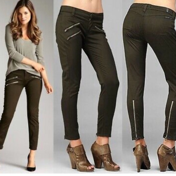 7 for All Mankind Olive Green Wren Second Skin Pants EUC Sz 29 Ret $215 Pants - Picture 1 of 9